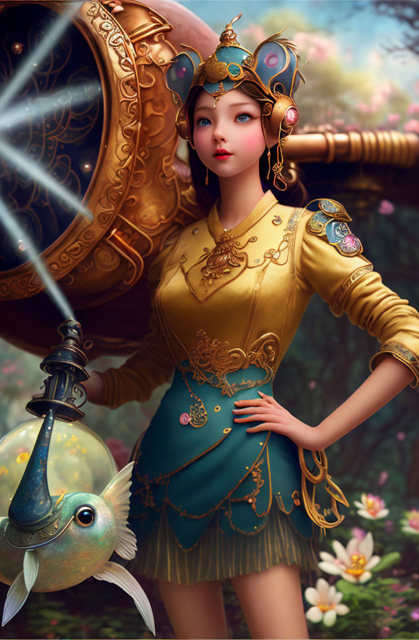 Fantastical woman by telescope in ornate attire and floral backdrop