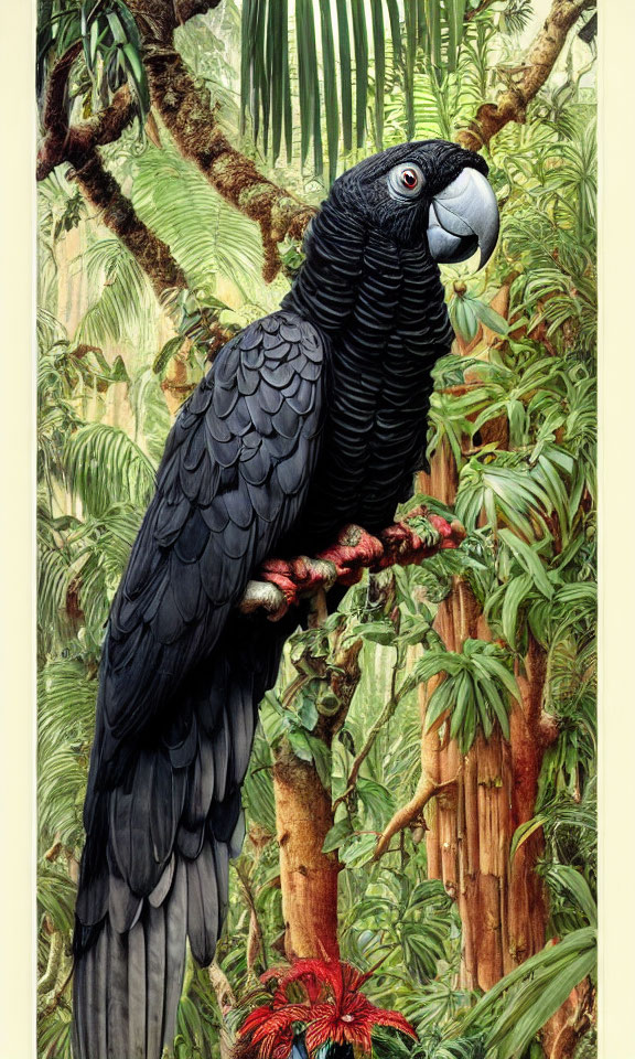 Black Parrot with Striking Red Tail Feathers in Lush Rainforest Setting