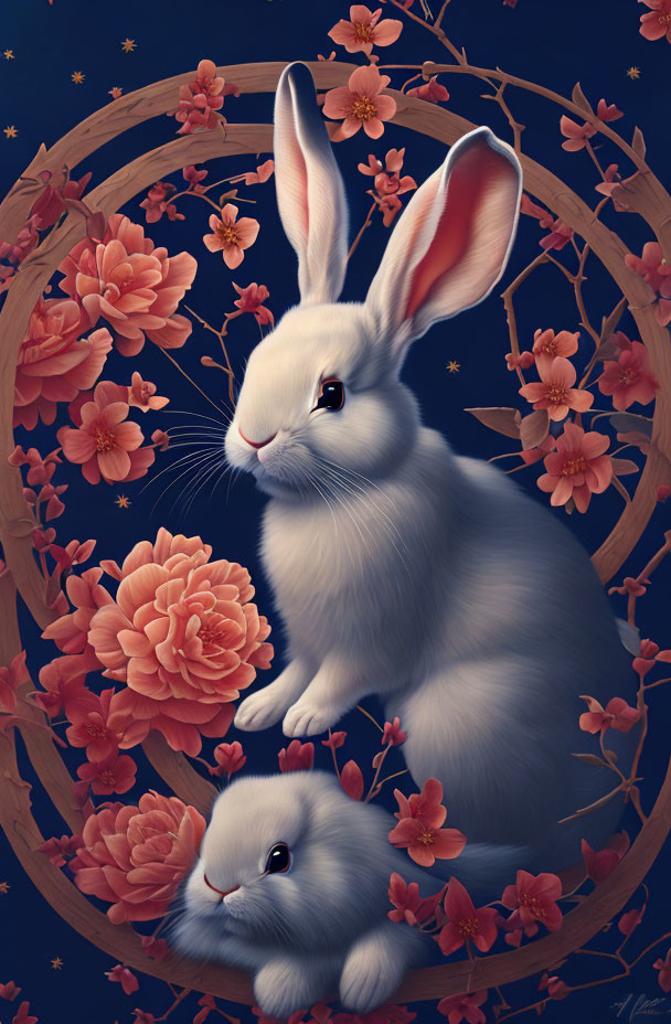 Illustrated Rabbits in Circular Frame with Pink Flowers on Dark Blue Background