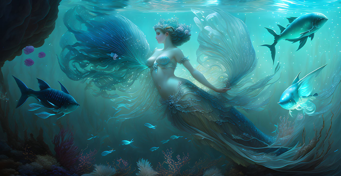 Mermaid swimming with fish in vibrant underwater seascape