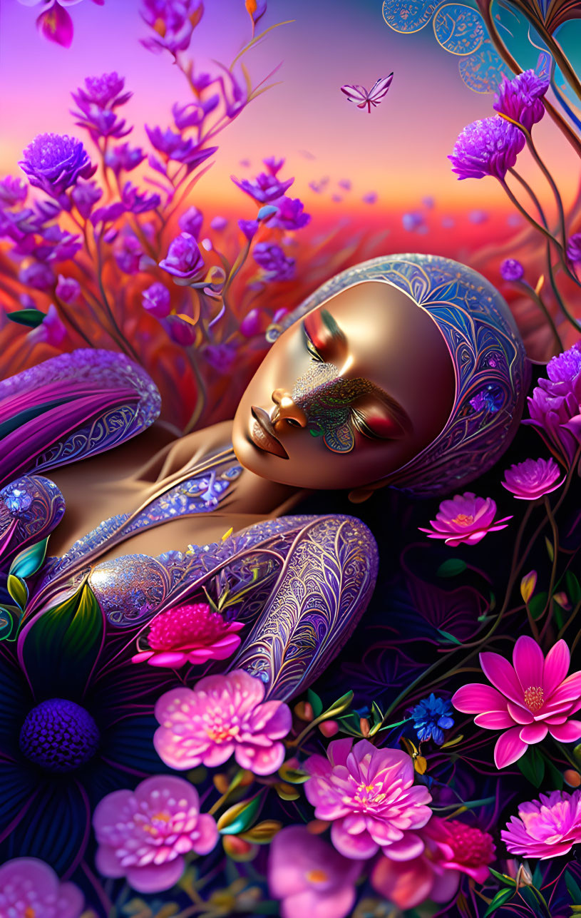 Digital artwork of serene figure with golden face surrounded by vibrant flowers under twilight sky