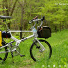 Steampunk-style bicycle with brass and copper elements in a green park