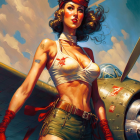 Vintage Pin-Up Illustration of Woman in Military-themed Attire by Propeller Plane