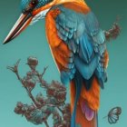 Vibrant kingfisher bird illustration with intricate feathers on blossoming branches