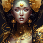 Woman with Golden Headdress and Cosmic Dress on Dark Background