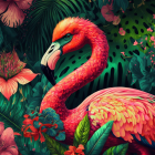 Colorful digital artwork featuring flamboyant flamingo and small bird in lush, fantastical setting