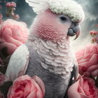 Colorful Bird Illustration with Floral Details and Pink Roses