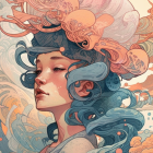 Colorful surreal image of a woman with flowing hair merging into abstract waves of blue, orange, and