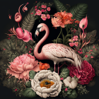 Colorful Flamingo Artwork with Floral Circle on Dark Background