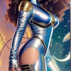 Futuristic woman in metallic blue spacesuit by spaceship window