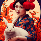 Stylized portrait of a girl with rabbit-like ears, white cat, red flowers