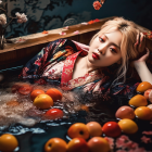 Woman in Floral Kimono in Boat with Blossoms and Orbs in Ambient Lighting