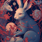 Illustrated Rabbits in Circular Frame with Pink Flowers on Dark Blue Background