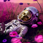 Astronaut surrounded by purple flowers under twilight sky