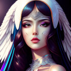 Digital Artwork: Woman with Blue-Black Hair and White Feathered Headdress