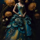 Colorful Stylized Woman Surrounded by Dark Floral and Marine Patterns