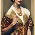 Elegant woman in gold-patterned dress with red lipstick