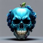 Metallic Blue Skull-Shaped Apple with Water Droplets on Neutral Background