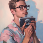 Woman with bun and glasses holding a camera in floral blouse against cloud-like background