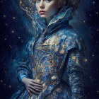 Surreal portrait of woman with blue and yellow flowers on starry night backdrop