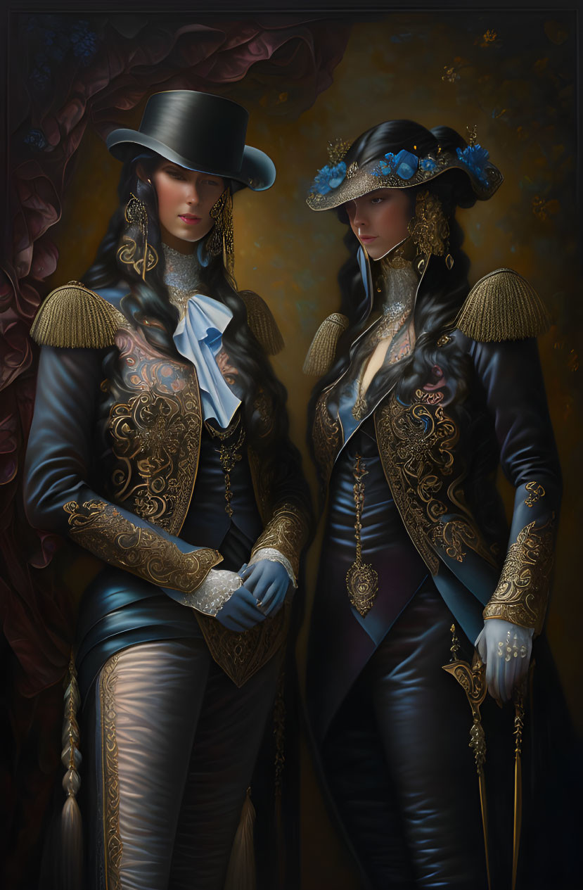 Elegant women in 18th-century attire with hats and gloves