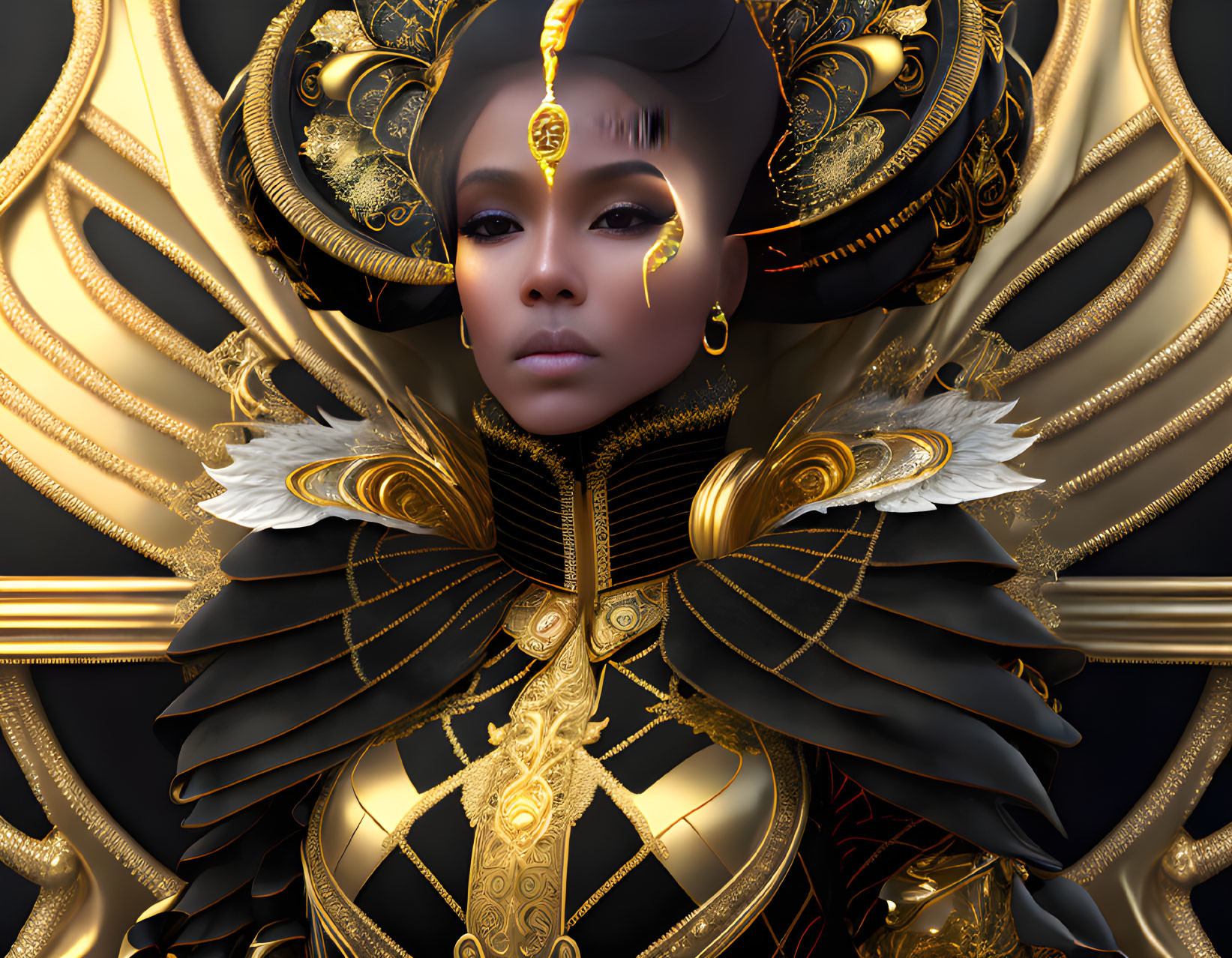 Detailed Digital Portrait of Woman in Black and Gold Headdress