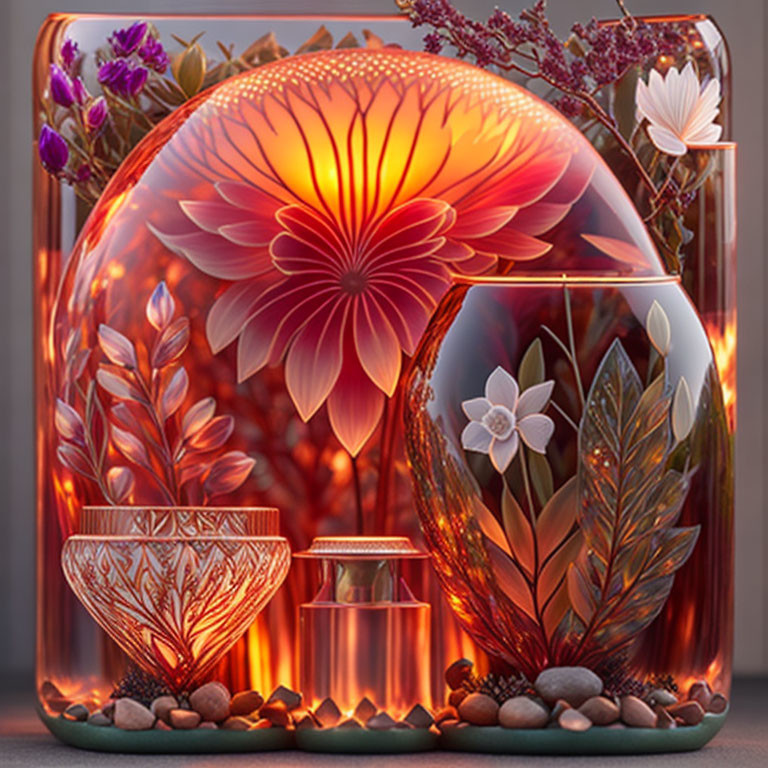 Three ornate glass vases with floral and leaf designs in red, orange, and purple hues.