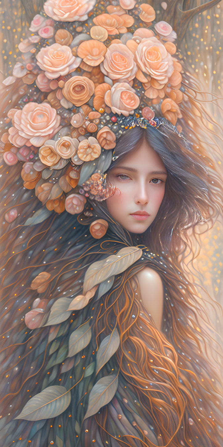 Illustration: Woman with Floral Headdress and Autumnal Theme