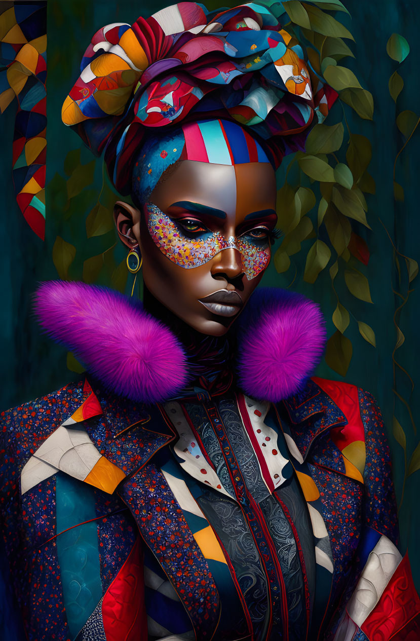 Colorful Face Makeup & Headwrap Portrait Against Leafy Backdrop