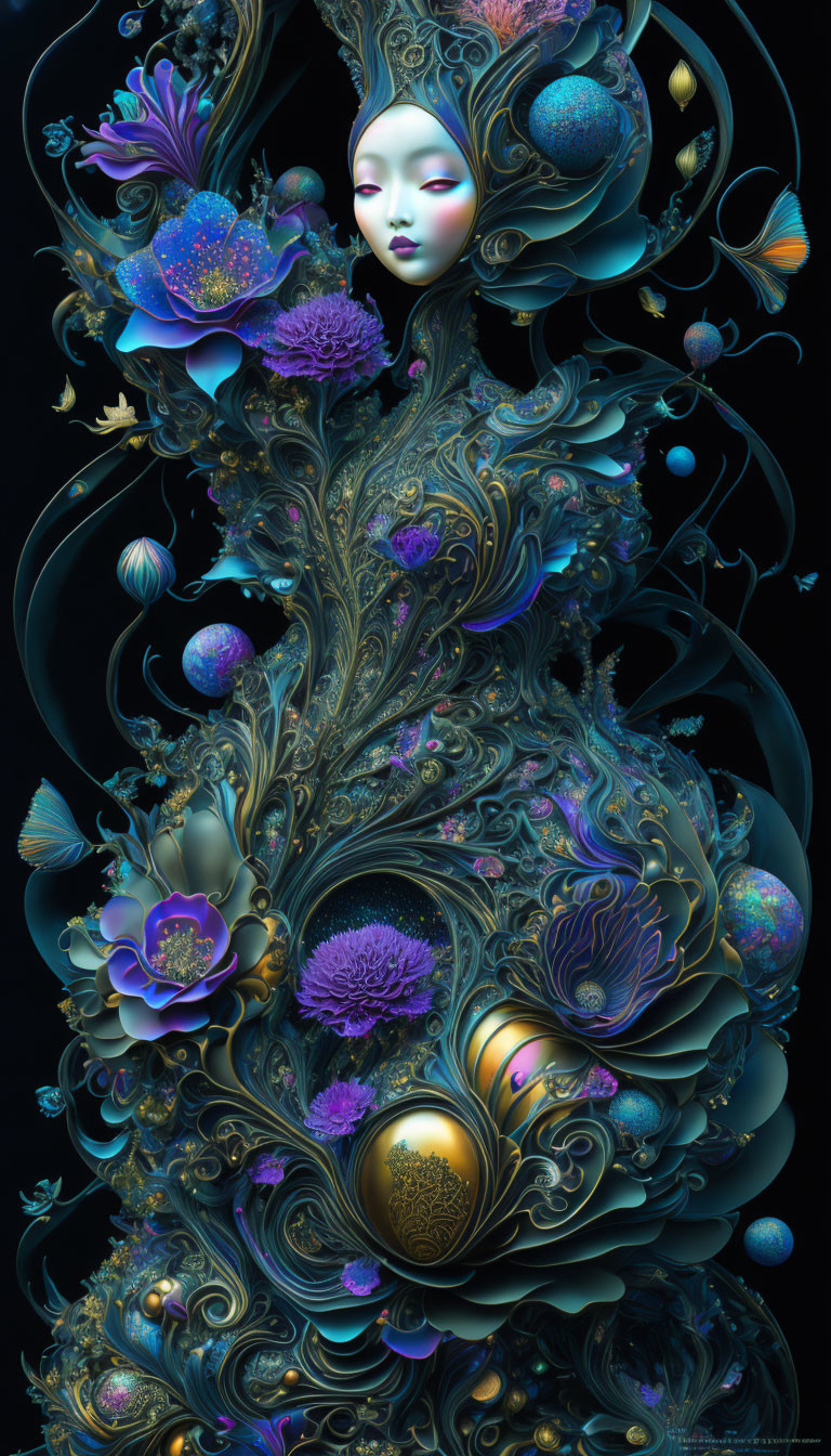 Ethereal figure with ornate details among blossoms in vivid color palette