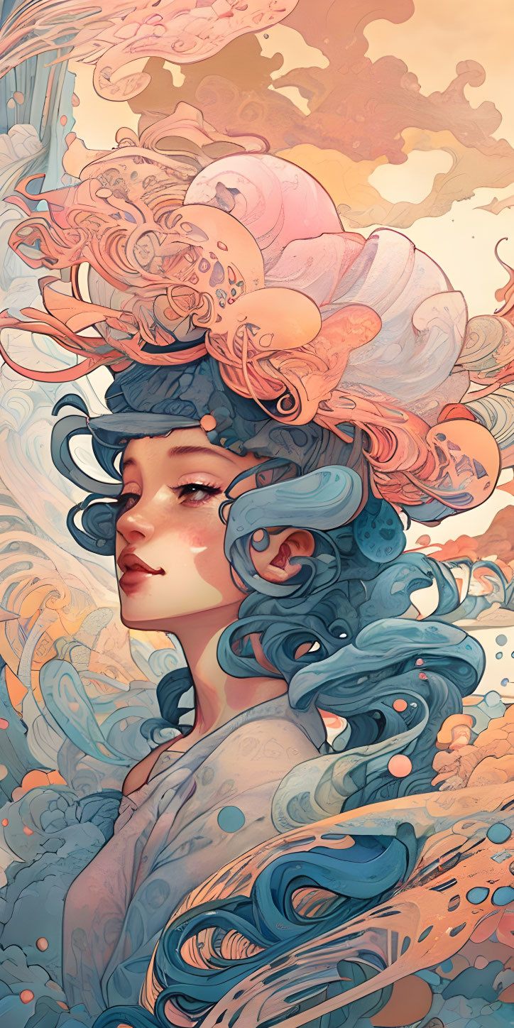 Illustrated portrait of woman with blue hair blending into pastel clouds