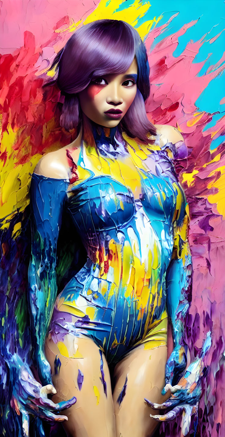 Vibrant Purple-Haired Woman Covered in Blue and Yellow Paint