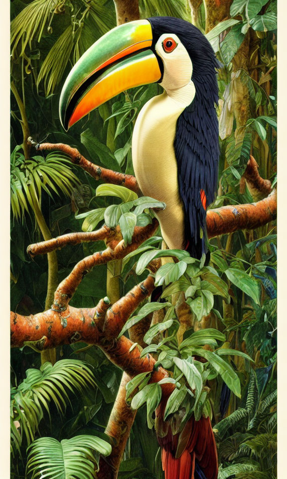 Colorful Toucan Perched on Branch in Lush Tropical Forest