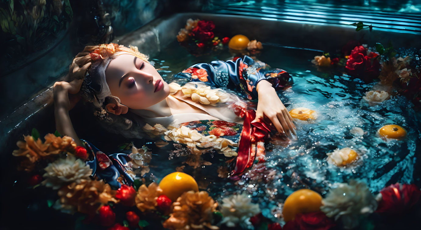 Woman in Floral Robe Relaxing in Citrus-Filled Tub