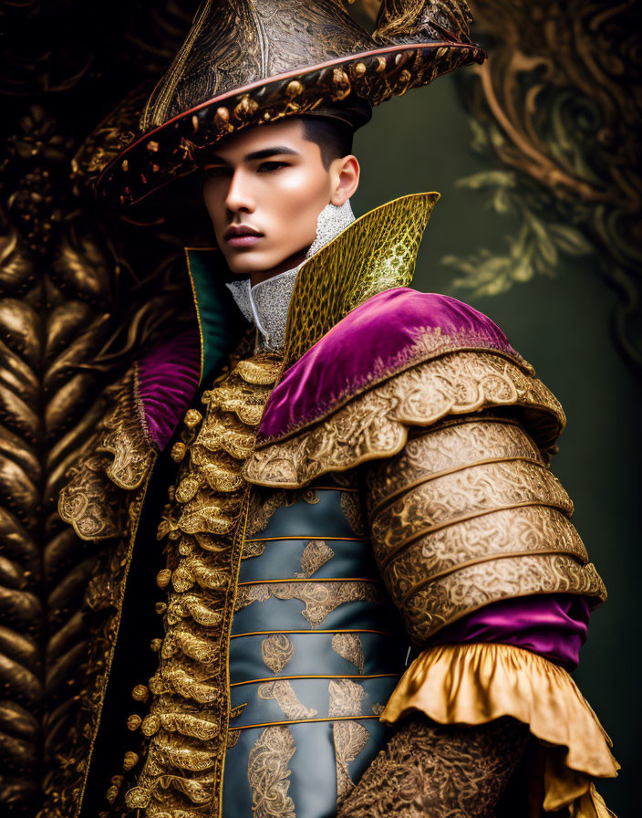 Elaborate Renaissance-inspired costume with gold embroidery