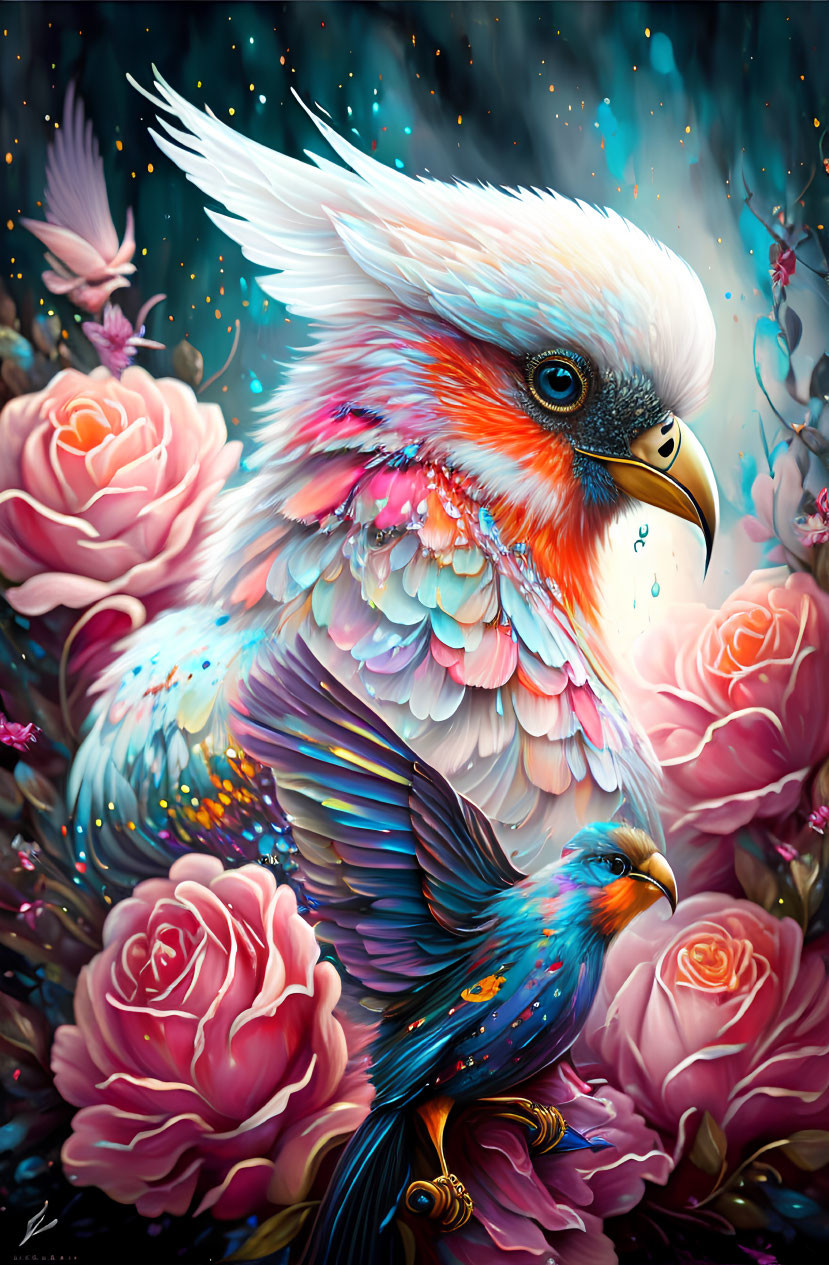 Colorful Bird Illustration with Floral Details and Pink Roses