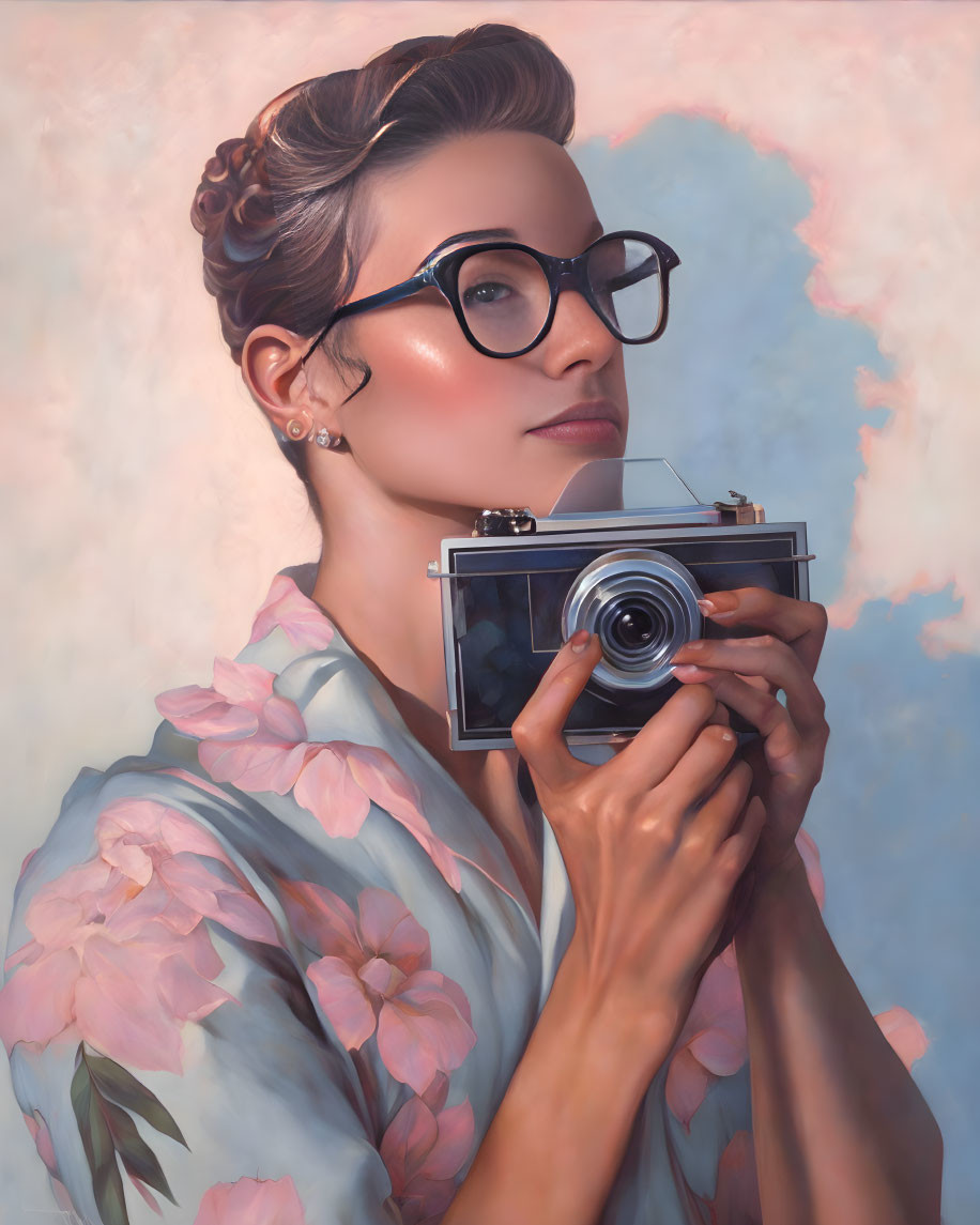 Woman with bun and glasses holding a camera in floral blouse against cloud-like background