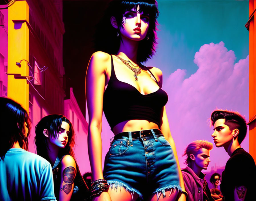 Four individuals in edgy fashion in neon-lit urban setting