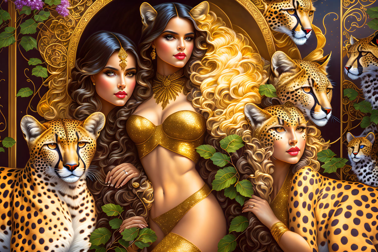 Stylized glamorous women with cheetahs, gold patterns, and green vines