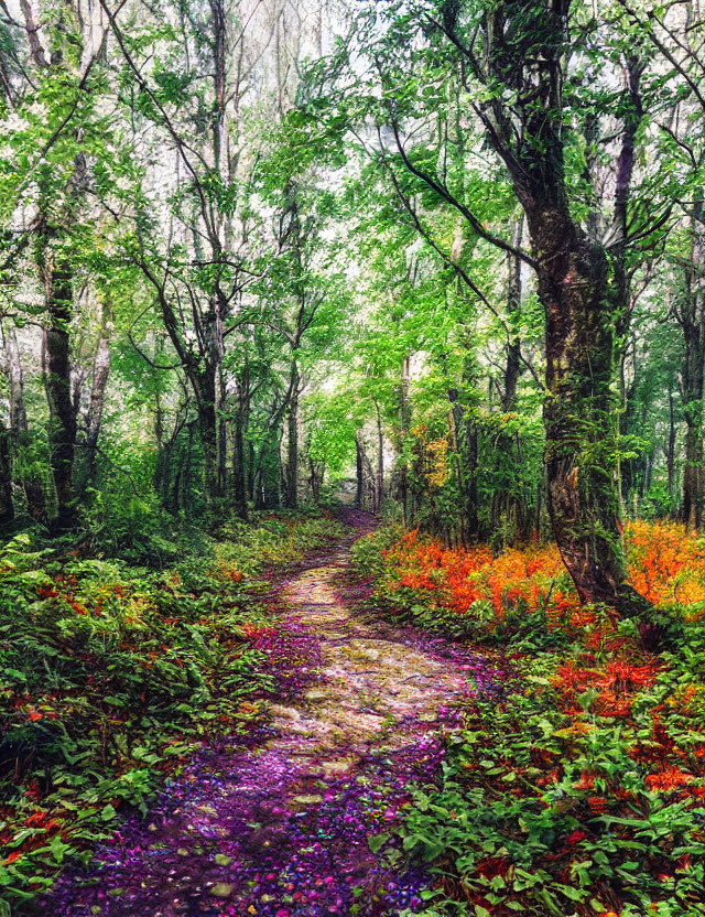 Lush green forest path with vibrant orange and purple undergrowth