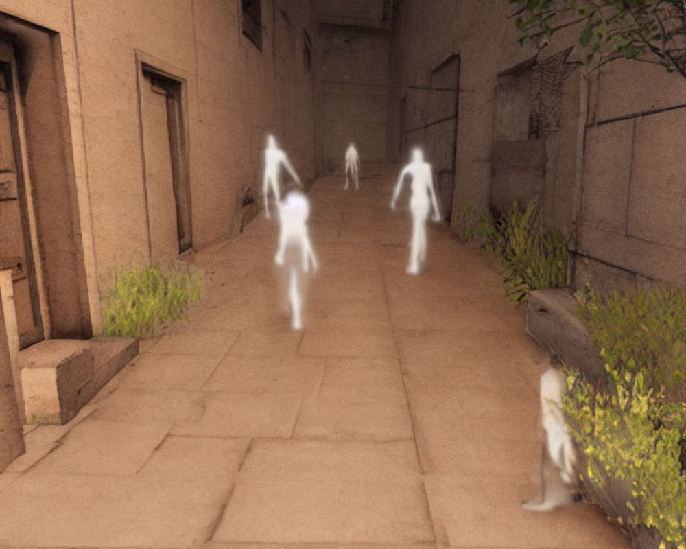 Digital image of ghostly figures in aged alley with overgrown vegetation