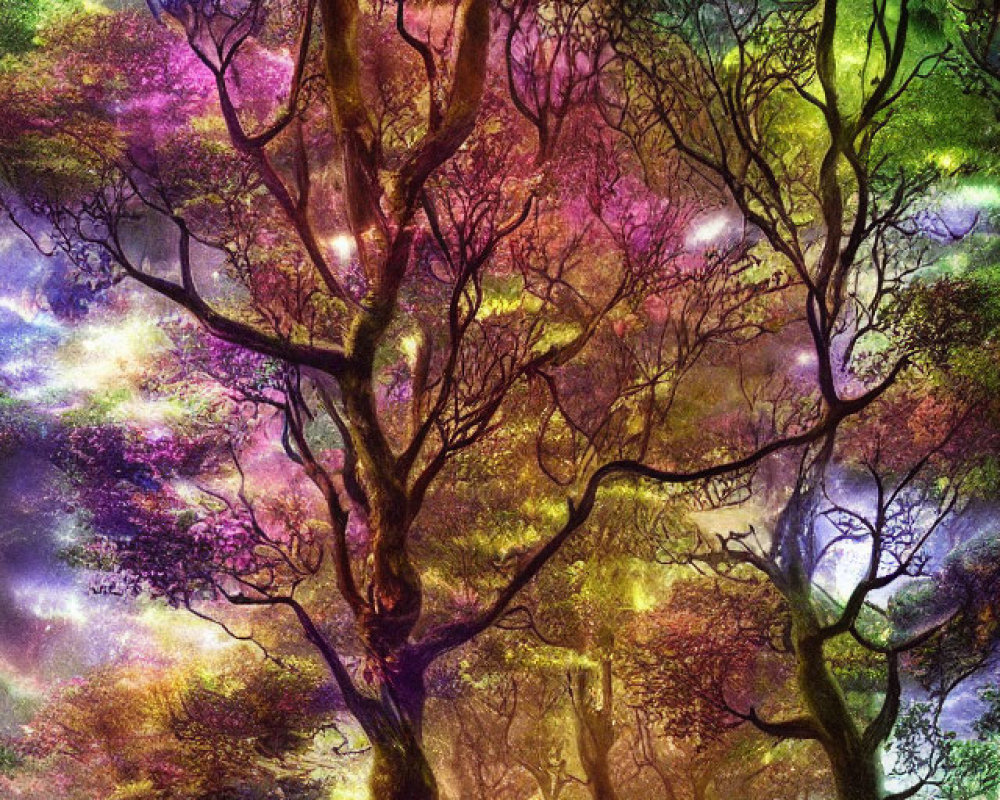 Ethereal forest with twisted trees under cosmic sky