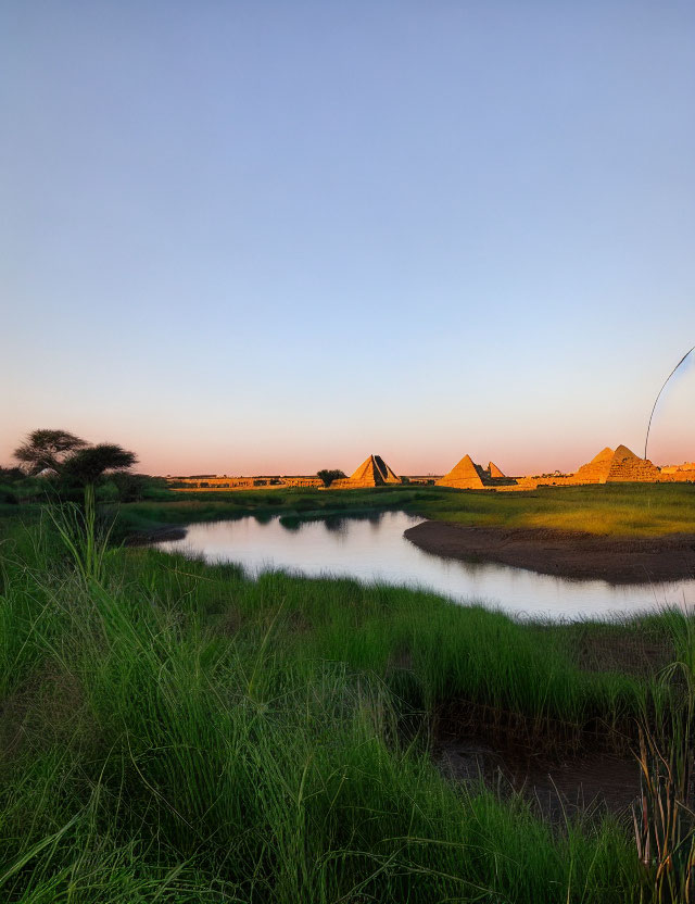 Ancient pyramids by serene river at dusk