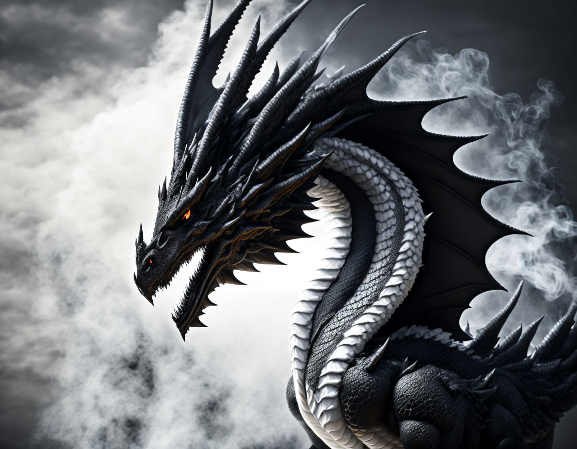 Black dragon with spikes and glowing eyes against cloudy sky