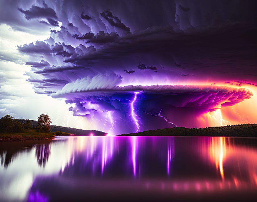 Vibrant purple and pink supercell storm over calm water with lightning strike