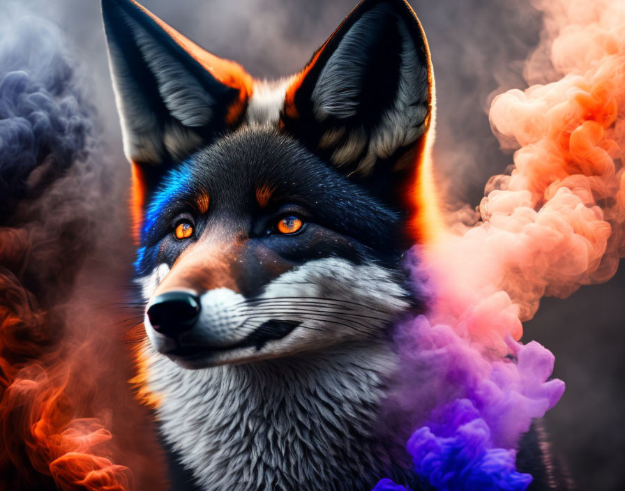 Vivid Blue and Orange Eyes on Fox Surrounded by Swirling Smoke