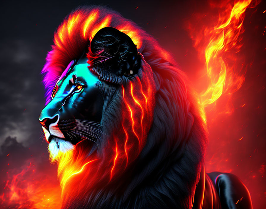 Vivid Lion Digital Artwork with Flame-Like Mane