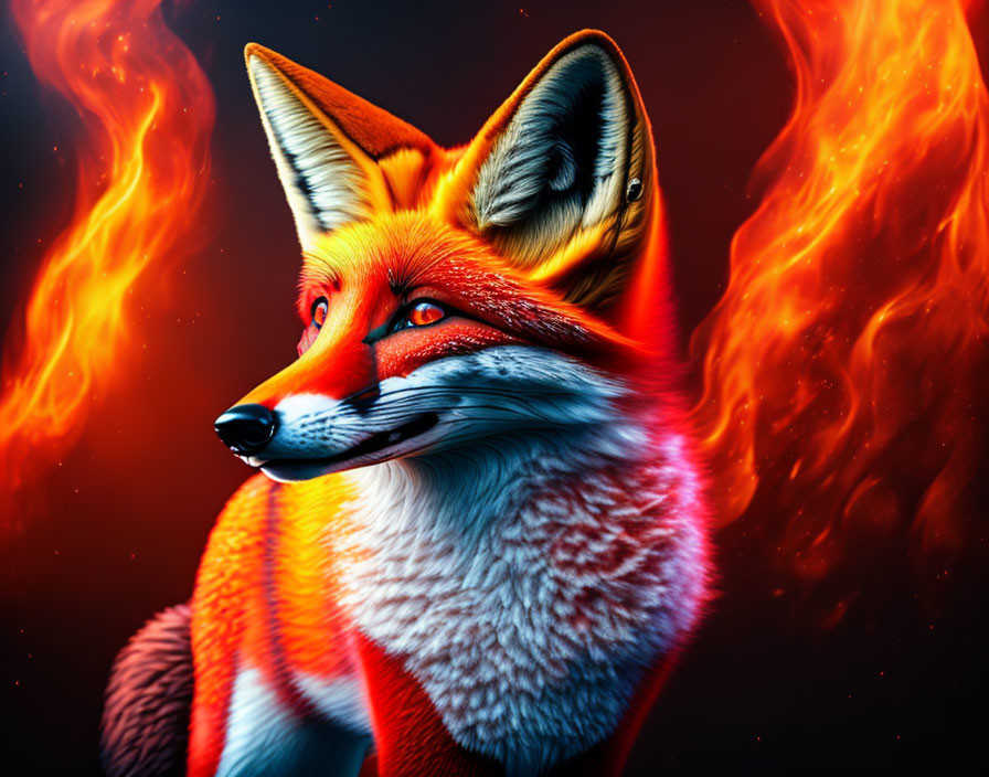 Vivid Red Fox Digital Illustration with Flames on Dark Background