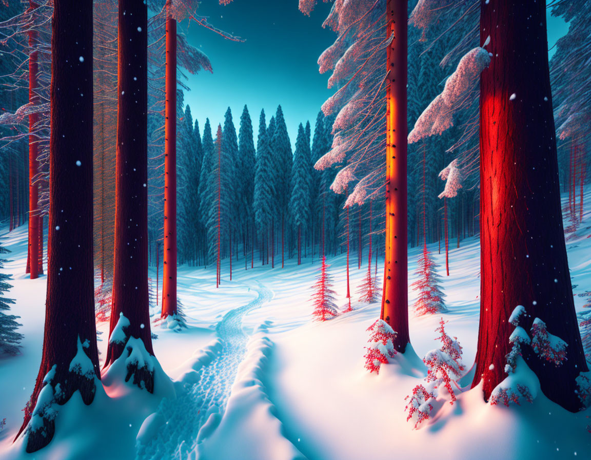 Snow-covered winter landscape with winding path and tall trees under twilight sky