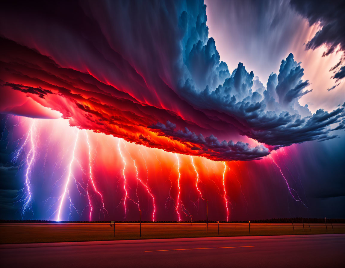 Intense lightning strikes in fiery red and blue storm scene